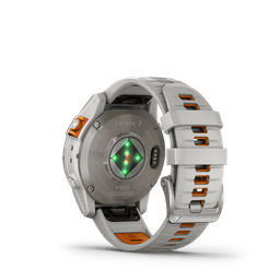 A smartwatch featuring a titanium case, fog grey band with ember orange accents, and a green sensor on the back.