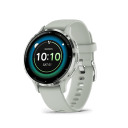 A smartwatch with a silver stainless steel bezel and a light grey strap, displaying the time and date on the screen.