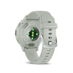 A smartwatch with a silver stainless steel bezel, featuring a light grey strap and a heart rate sensor on the back.