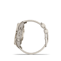 A smartwatch featuring a soft gold case with a cream heathered nylon band, presented in profile view.