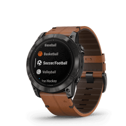 A watch with a carbon grey DLC titanium case and chestnut leather band, displaying various sports icons on its face.