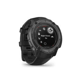A black Garmin Instinct 2X Solar Tactical Edition watch with a digital display and tactical features, including night vision mode.