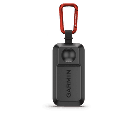 A black Garmin Approach G82 with a red carabiner attached, featuring a logo on the front.