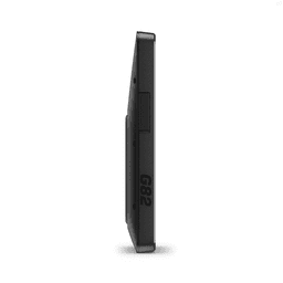 A black Garmin Approach G82 device shown from the side, featuring a sleek, compact design with a branding logo.