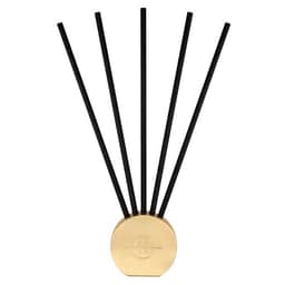 A diffuser with a gold base and five black reeds, designed for home fragrance.