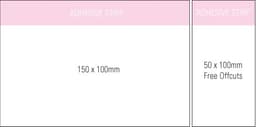 A notepad featuring an adhesive strip, measuring 150 x 100 mm, in white with a pink header. Includes free offsets.