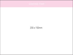 A notepad with a white cover, featuring an adhesive strip and dimensions of 200 x 150 mm.