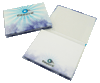 A notepad featuring a hard cover with a blue and white design, containing 50 blank leaves and a logo.