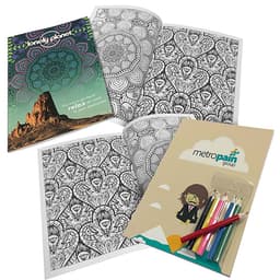 A colouring book with intricate mandala designs, accompanied by a pack of coloured pens and a folder with a logo.