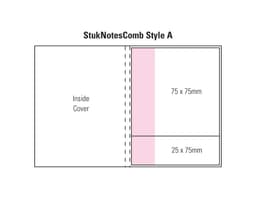 A product diagram of a laminated 4 colour cover combo pad featuring pink and white sections with specified dimensions.