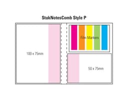 A colourful promotional product featuring a laminated cover and two pads in pink and white, one with film markers.