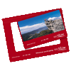 A red magnetic photo frame displaying a scenic landscape image, featuring an area for a photo and a logo.