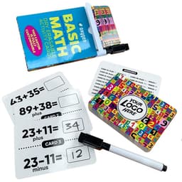 A set of colourful dry erase maths cards with a marker, featuring activity cards and a book on basic maths.