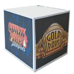 A printed note cube featuring vibrant multi-coloured designs on all sides, including text and logos.