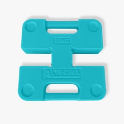 A turquoise 20kg steel marquee leg weight with a logo, designed for stability at exhibitions and events.