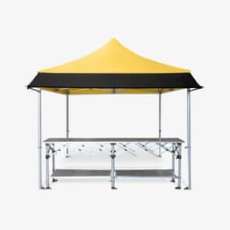 A yellow and black gazebo awning kit with a metal frame and a collapsible table underneath.