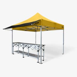 A yellow gazebo awning kit with a metal frame and a table, featuring a black trim and a logo.