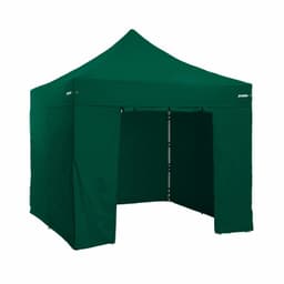 A green 3x3m gazebo with walls, featuring an open front and a peaked roof, suitable for events and exhibitions.