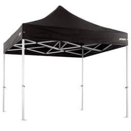 A 3x3m heavy-duty aluminium marquee with a black canopy and silver framework, featuring a logo on one side.
