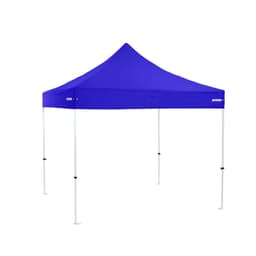 A purple 3x3m premium steel gazebo with a peaked roof and white legs, featuring a logo on the side.