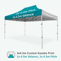 A custom 3x4.5m aluminium gazebo with a teal and white canopy, featuring a valance and a sturdy frame.