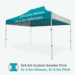 A teal and white aluminium gazebo featuring two 4.5m pitches and valances, with branding displayed.