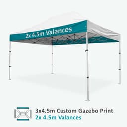 A white and teal aluminium gazebo measuring 3x4.5m, featuring two 4.5m valances. It has a brand logo on it.
