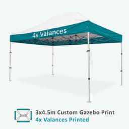 A compact aluminium gazebo, 3x4.5m, featuring a teal roof and white canopy, with a logo and four valances.