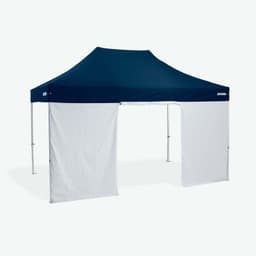 A navy marquee with white side walls and an open front, suitable for exhibitions and events.