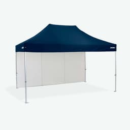 A 4.5m solid marquee wall featuring a navy blue top and white side panels, with silver framework.