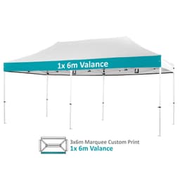 A white aluminium marquee tent with a teal valance and custom print, featuring a simple frame structure.