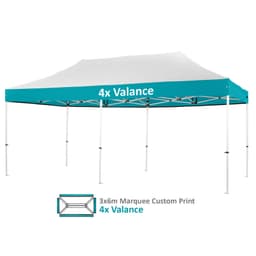 A teal and white 3x6m custom pro lite aluminium marquee with a four-valance design and a branding logo.