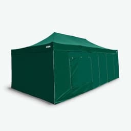 A green marquee wall kit featuring a peaked roof and multiple side panels. It has branding on one side.