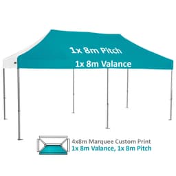 A 4x8m custom heavy duty aluminium marquee in teal with a white valance, featuring a logo.