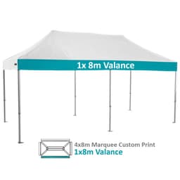 A heavy-duty aluminium marquee in white with a teal valance and a logo, measuring 4x8 metres.
