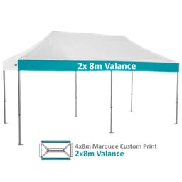 A white 4x8m heavy-duty aluminium marquee with a teal valance and metal poles, featuring a logo on the canopy.