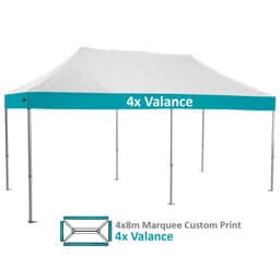 A 4x8m custom heavy-duty aluminium marquee with a white canopy and turquoise valance, featuring a logo.
