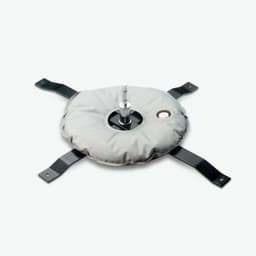 A grey crossbase with a central pole and black straps for securing. Includes a hole in the centre.