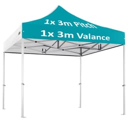 A 3x3m custom pro lite aluminium gazebo in blue and white with a structured canopy and sturdy frame, featuring a logo.