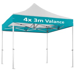 A 3x3m custom aluminium gazebo with a white canopy and teal valance, featuring a framework and a logo.