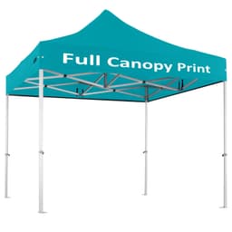 A teal 3x3m custom gazebo with a silver aluminium frame, featuring a printed canopy and a branding logo.