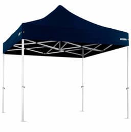 A 3x3m heavy duty aluminium marquee in navy blue with a white framework and a branded logo.