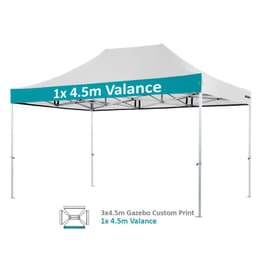 A white custom heavy-duty aluminium marquee with a teal valance and a structural frame. It features a logo.
