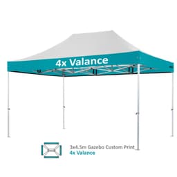 A turquoise and grey custom heavy-duty aluminium marquee with a four-valance design. It features a logo on the canopy.