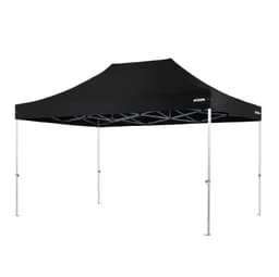 A black, heavy-duty aluminium gazebo featuring a peaked roof and silver legs, with a logo visible on one side.