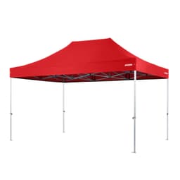 A red heavy duty aluminium gazebo with a peaked roof and four supporting legs, featuring a logo.