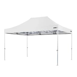 A heavy-duty aluminium gazebo in white, featuring a peaked roof and sturdy frame with multiple supports.