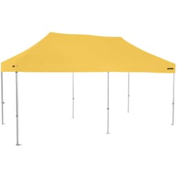 A yellow heavy-duty aluminium folding event marquee with a peaked roof and adjustable legs. It features a logo.