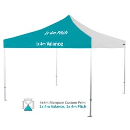 A heavy-duty aluminium marquee in teal and white with a peaked roof, featuring a branding logo.