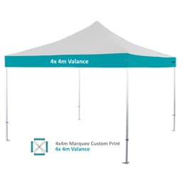A heavy-duty aluminium marquee in white with a teal valance and a logo. It has an peaked roof and four legs.